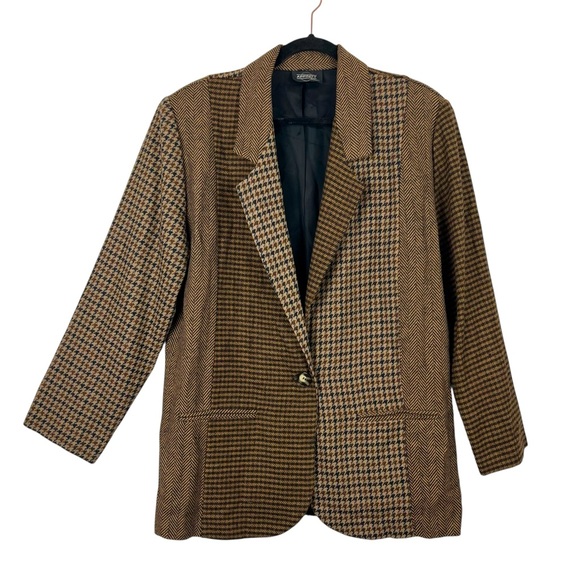Vintage Affinity Patchwork Houndstooth Tweed Wool Oversized Blazer
